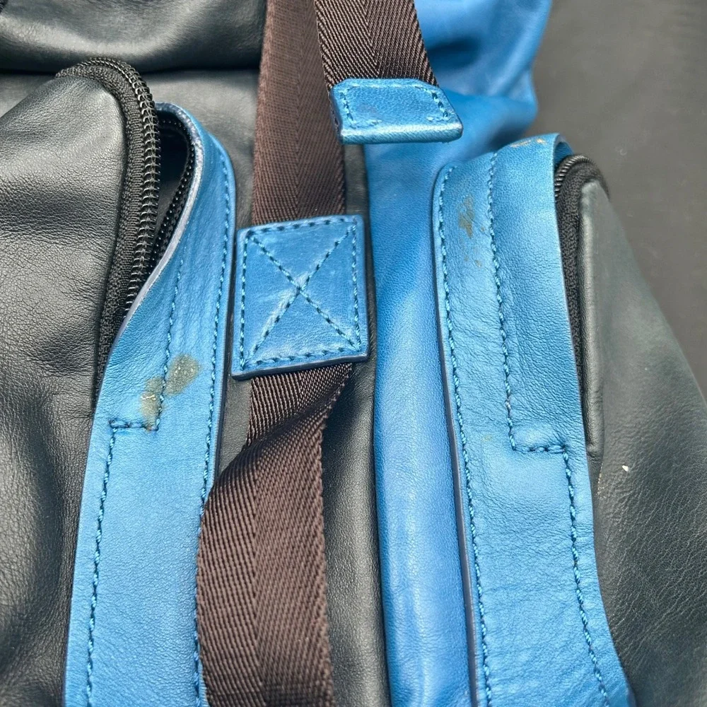 Coach Manhattan Leather Backpack Black Blue Colorblock Buckle Drawstring Bag